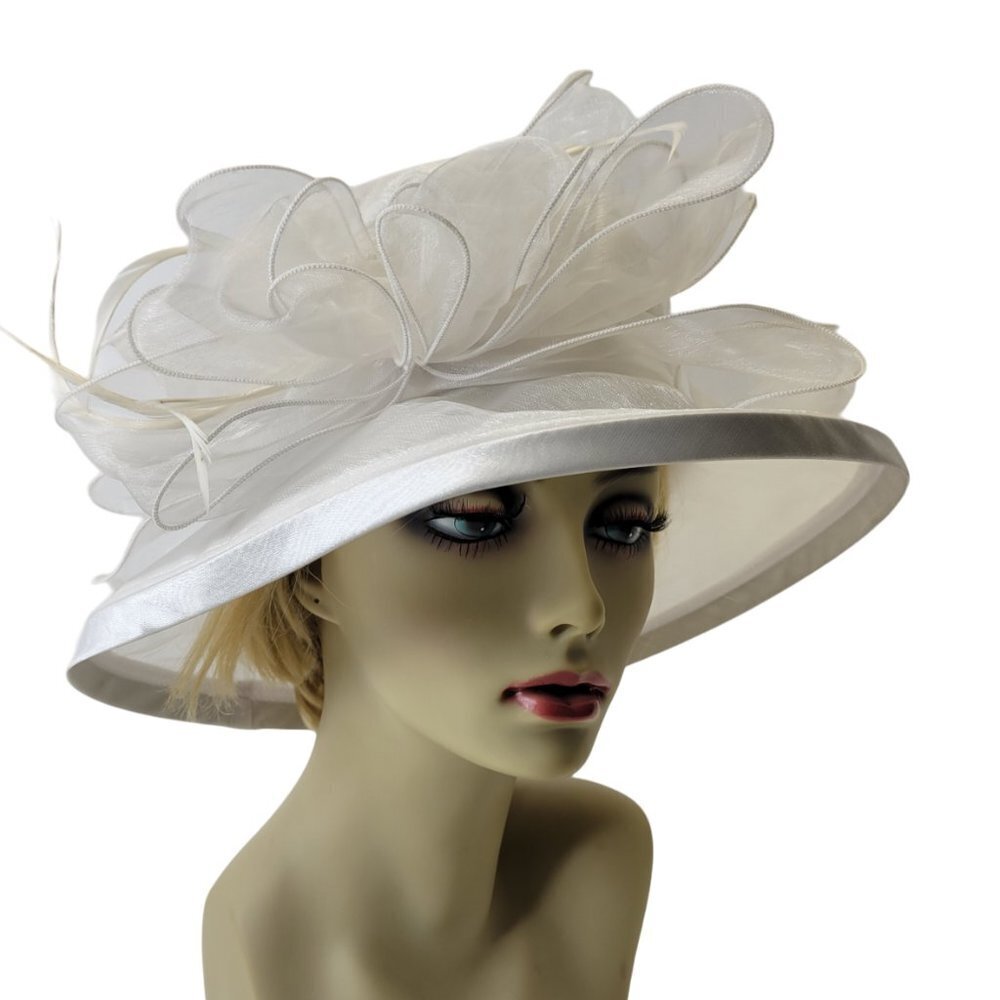 White Dress Hat Organza Crushable Bows Rosettes White Feathers Down Brim Hat